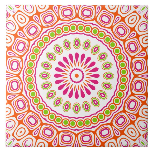 Fuschia Orange och Grön Livlig Mandala Mönster Kakelplatta (Framsidan)