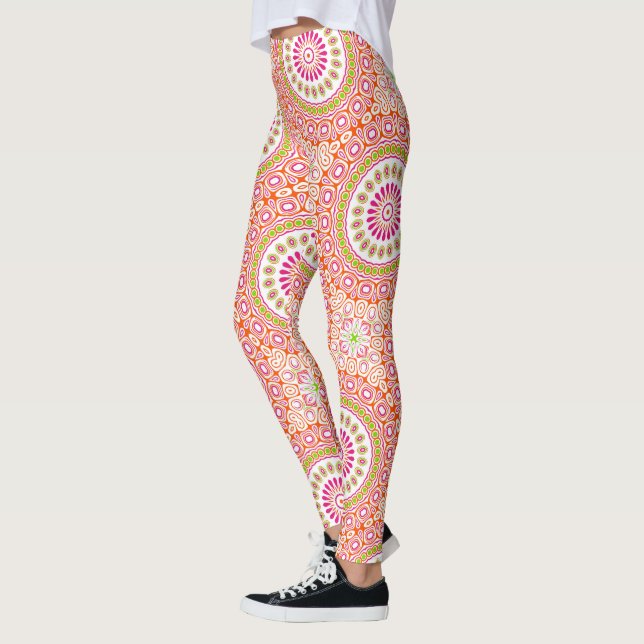 Fuschia Orange och Grön Livlig Mandala Mönster Leggings (Vänster)