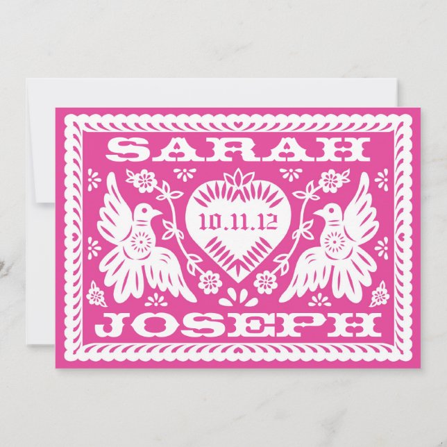 Fuschia Papel Picado Love birds bröllopsinbjudan Inbjudningar (Baksida)