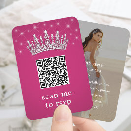 Fuschia Pink QR RSVP Quinceañera Crown & Photo Tilläggskort
