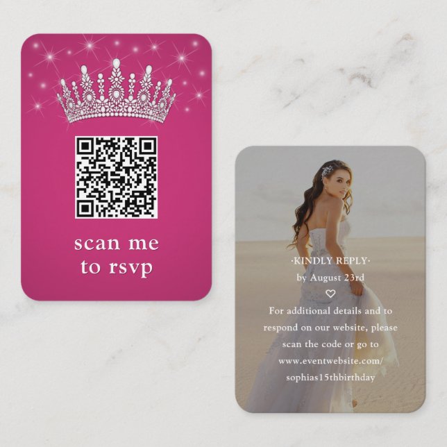 Fuschia Pink QR RSVP Quinceañera Crown & Photo Tilläggskort (Fram/baksida)