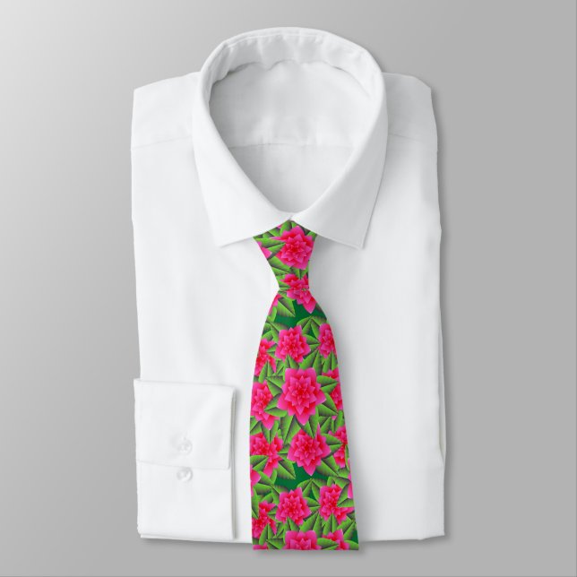 Fuschia Rosa Camellias och Grönt Lövs Slips (Bunden)