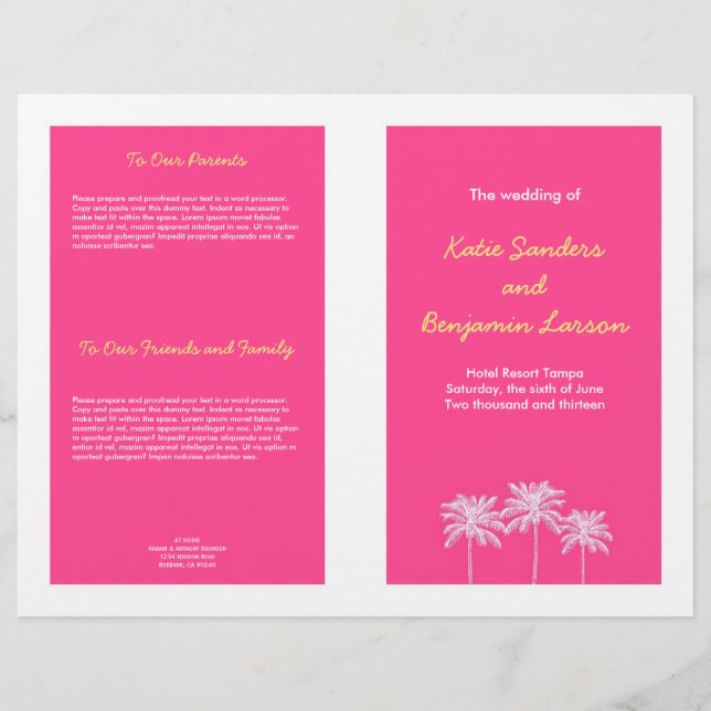 Fuschia rosa handflatan träd sommar-bröllopsprogra (Framsida)