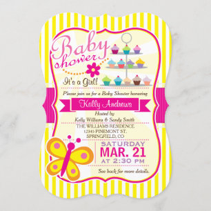 Fuschia Rosa och Gult Butterfly Girl Baby Shower Inbjudningar