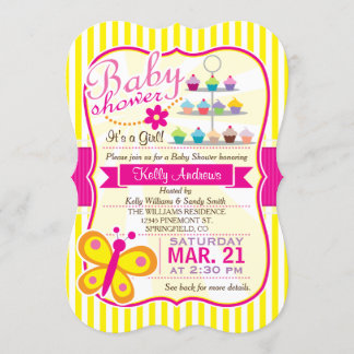 Fuschia Rosa och Gult Butterfly Girl Baby Shower Inbjudningar