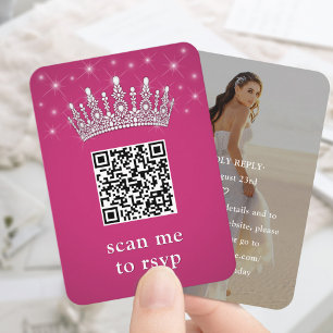 Fuschia Rosa QR RSVP Quinceañera Krona & Foto Tilläggskort