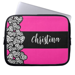 Fuschia rosa svart vitt zebra mönstrad hjärta namn laptop fodral