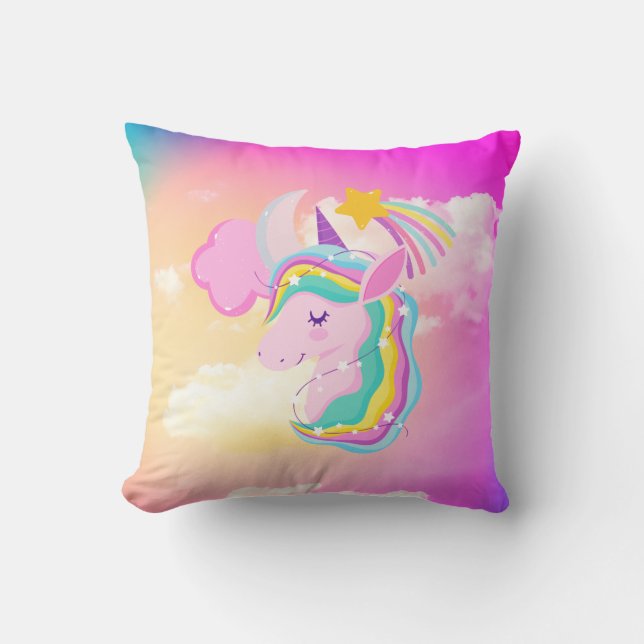 Fushcia Unicorn Rainbow Dekorativ kudde (Framsida)