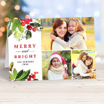 Fusion och Bright Watercolor Greenery Photo Collag Helgkort<br><div class="desc">En vacker vattenfärgsdesign för julgranar med grönt löv och röda bär ramar era tre (3) landskap,  kvadratiska och porträtt foton. Anpassa texten på framsidan och insidan med önskad ordalydelse.</div>
