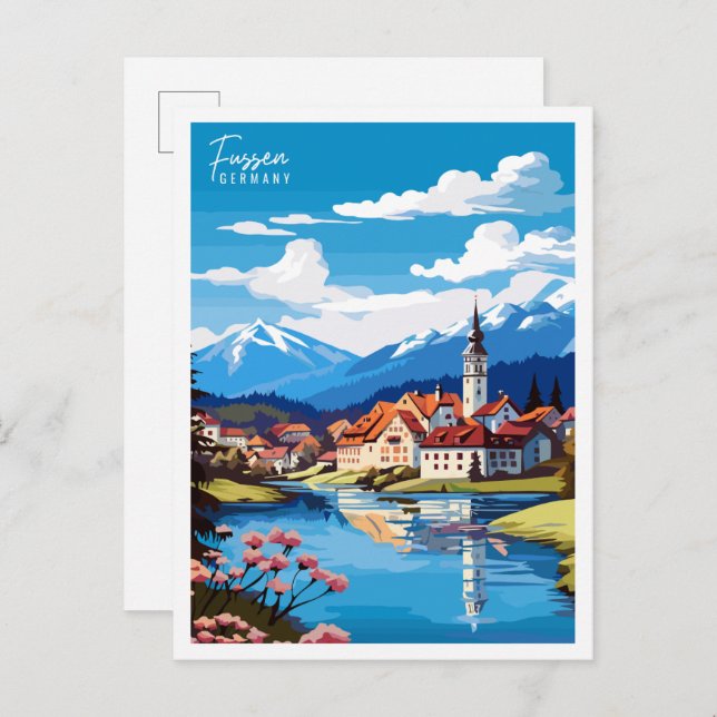 Fussen Tyskland vintage resor illustration Vykort (Fram/baksida)