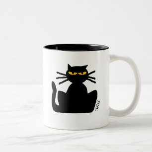 Fussy Black Cat med Amber Öga Sitta Staring Två-Tonad Mugg