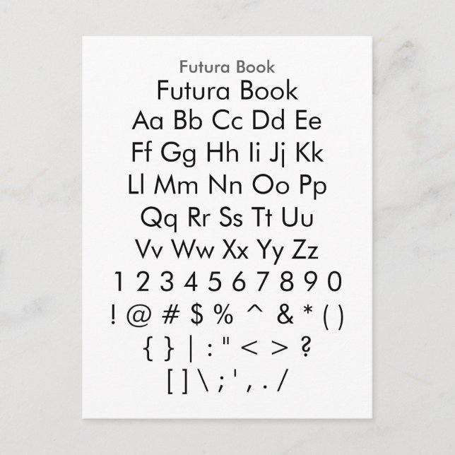 Futura Bok - Zazzle Font Sampler Lakan Vykort (Framsida)