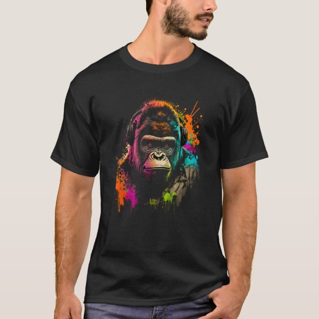 Future Monkey Dj Retro Party Gorilla Dj Synthwave T Shirt (Framsida)