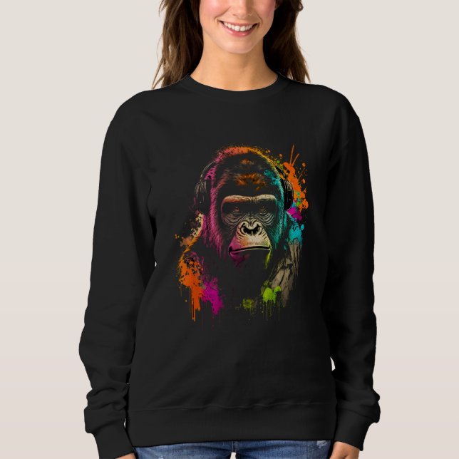 Future Monkey Dj Retro Party Gorilla Dj Synthwave T Shirt (Framsida)