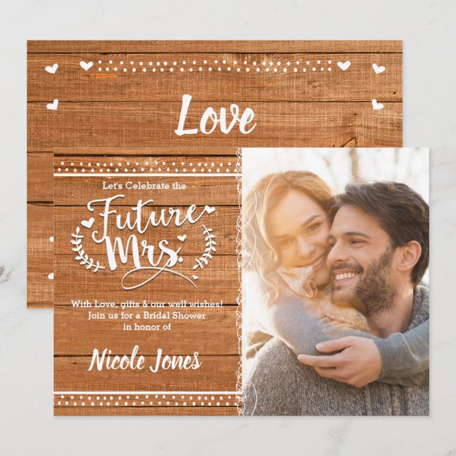 FUTURE MRS. Ek trä lantlig bröllopsdusch Foto Inbjudningar (Fram/baksida)