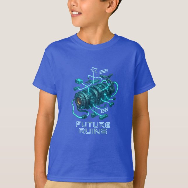  FUTURE RUINS – Glowing Cyber Engine Design T Shirt (Framsida)