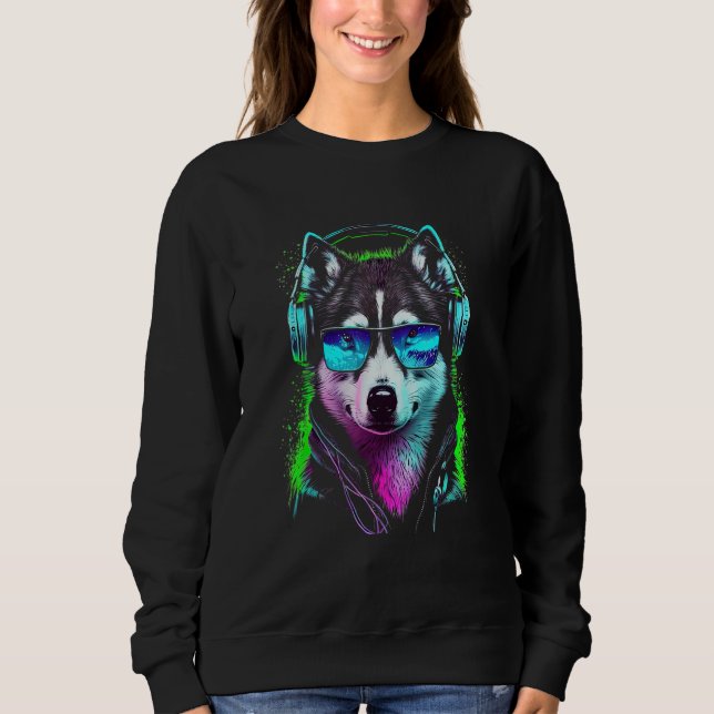 Future Wolf Dj Retro Party Dog Dj Synthwave T Shirt (Framsida)