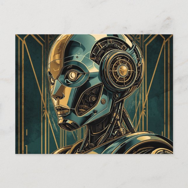 Futuristic Android Art Print Retro Art Deco Cyber Vykort (Framsida)