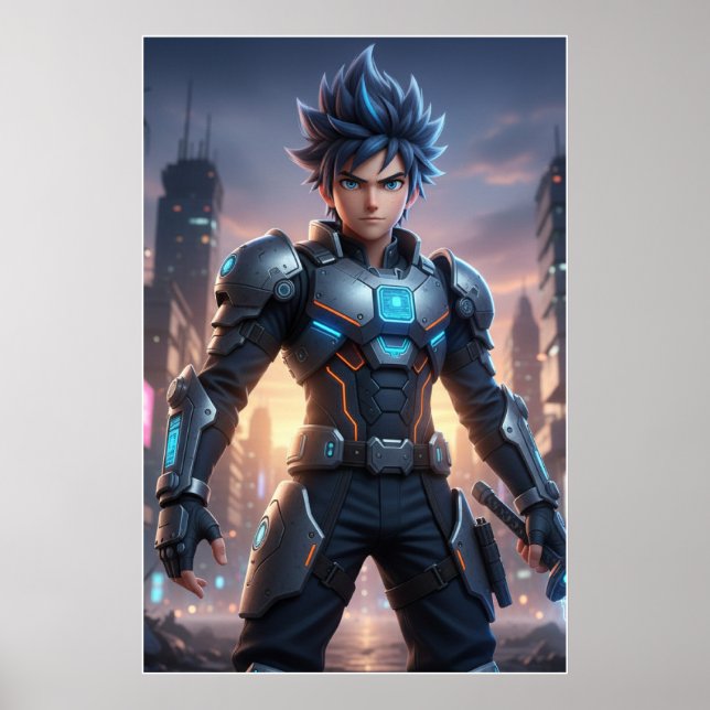 Futuristic Anime Hero – Cyberpunk Warrior Poster (Framsidan)
