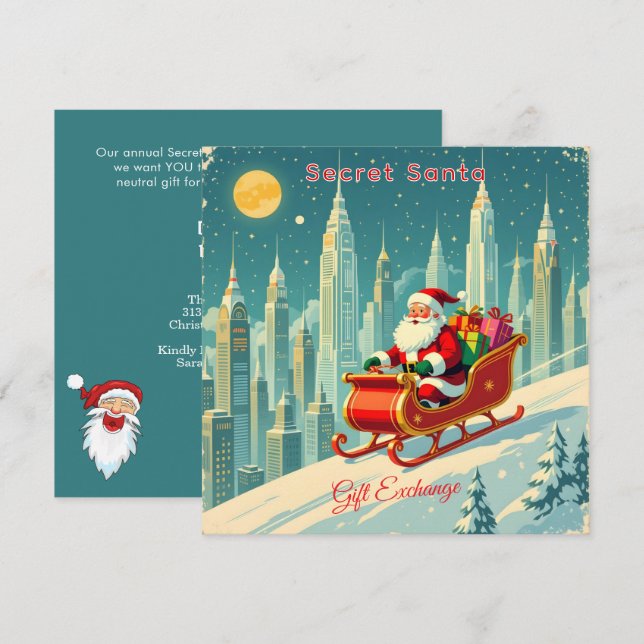 Futuristic City Santa Sleigh Gift Exchange Square Inbjudningar (Fram/baksida)
