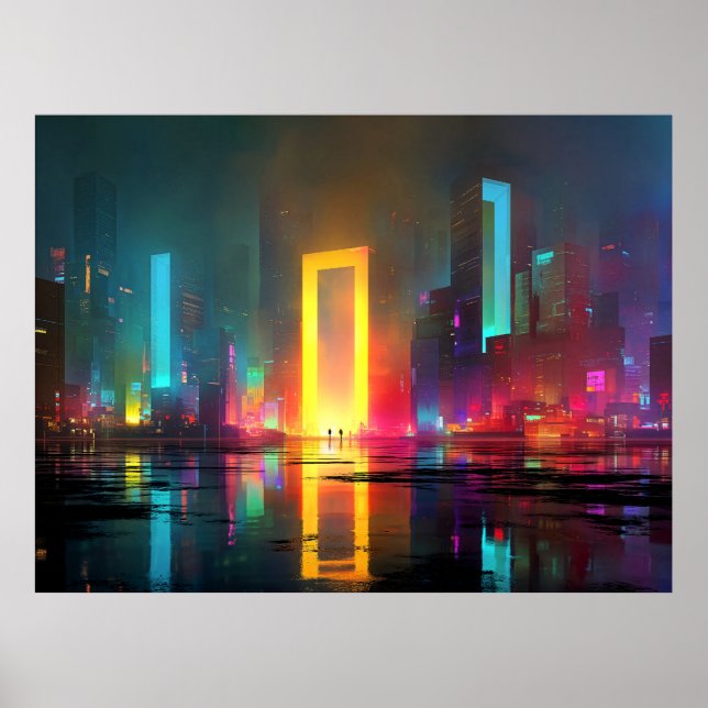Futuristic City with Radiant Neon Portal Poster (Framsidan)