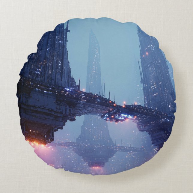 Futuristic Cityscape with Hovering Structures Rund Kudde (Framsidan)