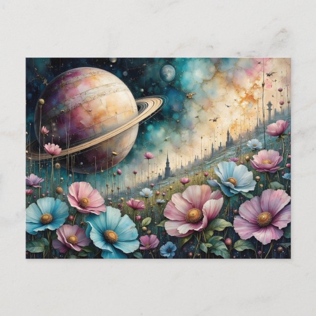 Futuristic Cosmos Flower and Space Vykort (Framsida)