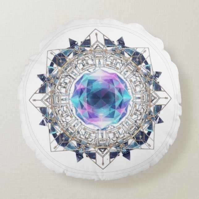 Futuristic Crystal Mandala – Geometric Tech Art Rund Kudde (Framsidan)