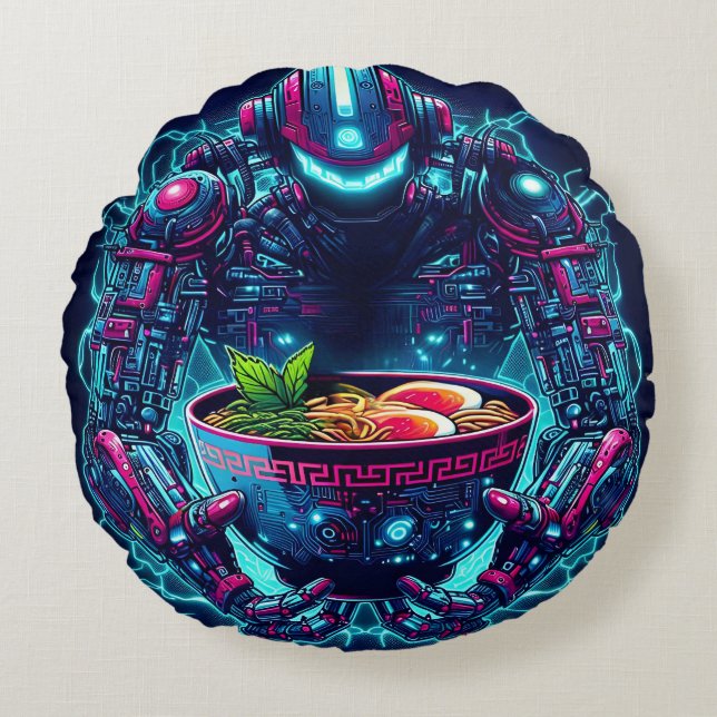 Futuristic Cyberpunk Robot Neon Food Ramen Rund Kudde (Framsidan)