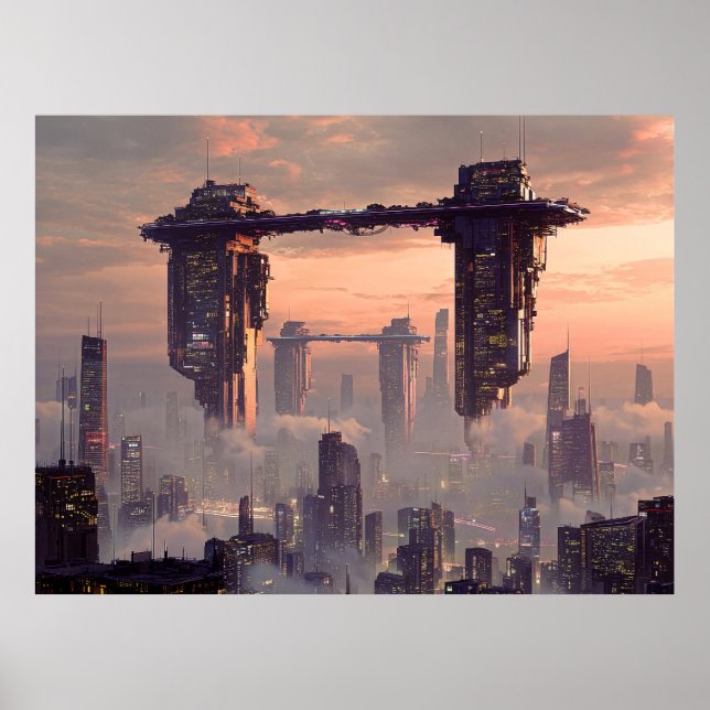 Futuristic floating megastructures above the city poster (Framsidan)