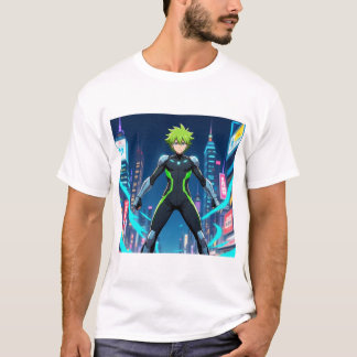 Futuristic Green-Haired Anime Hero in Cyberpunk Ci T Shirt