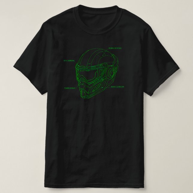 Futuristic Green Wireframe Cyber Helmet Blueprint T Shirt (Design framsida)