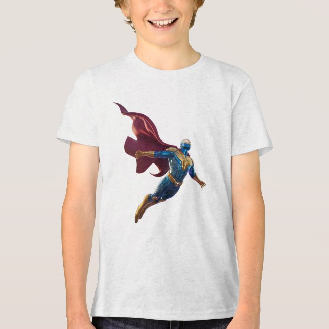 Futuristic Hero in Flight – Bold Sci-Fi Warrior  T Shirt (Framsida)