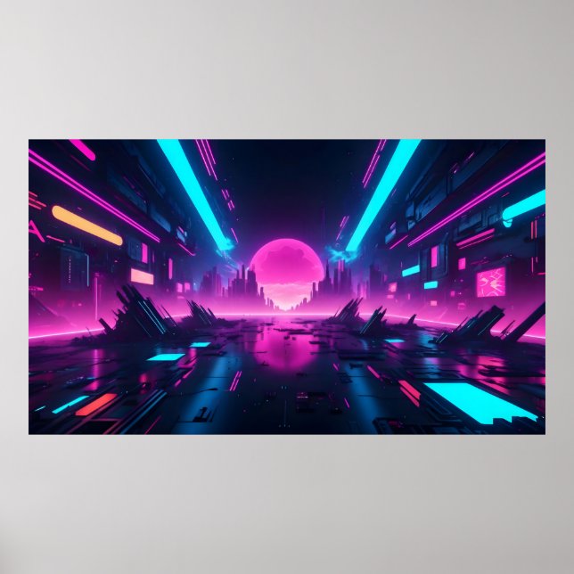 Futuristic Neon Vaporwave City Horizon Synthwave Poster (Framsidan)