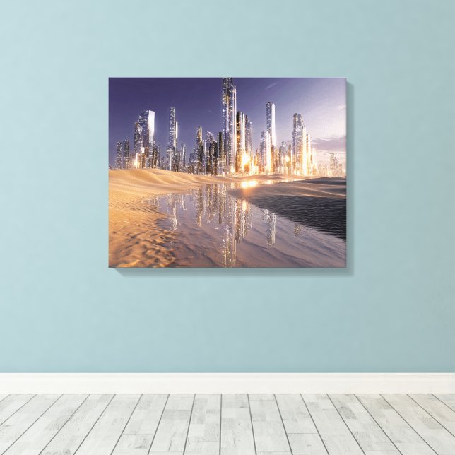 Futuristic Sci-Fi City Reflected In Desert Sands Canvastryck (Insitu (trägolv))