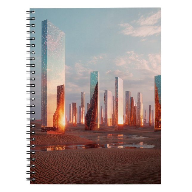 Futuristic Surreal Mirror Towers In Desert Anteckningsbok (Framsidan)
