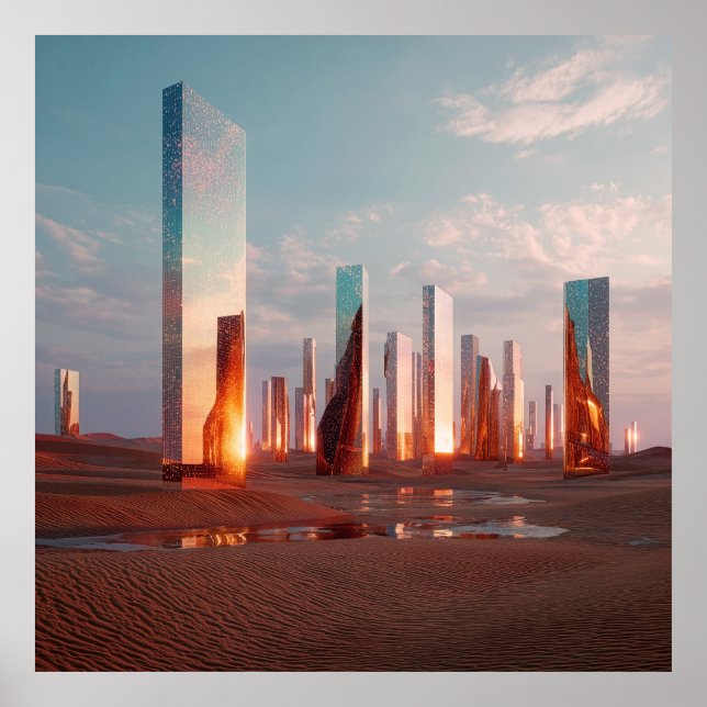 Futuristic Surreal Mirror Towers In Desert Poster (Framsidan)