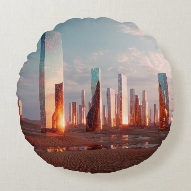 Futuristic Surreal Mirror Towers In Desert Rund Kudde (Framsidan)