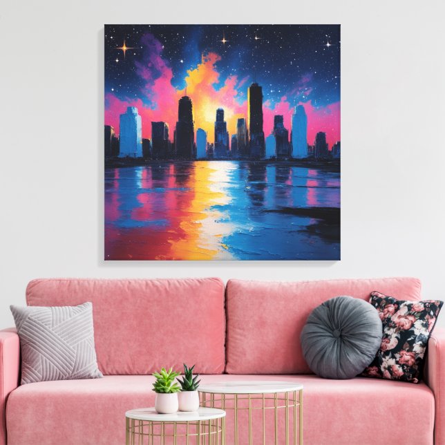Futuristic Urban Skyline at Sunset Canvas Print  (Insitu (Vardagsrum))