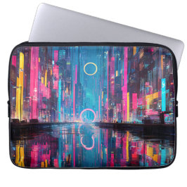 Futuristic Vibrant Neon Night Cityscape Laptop Fodral