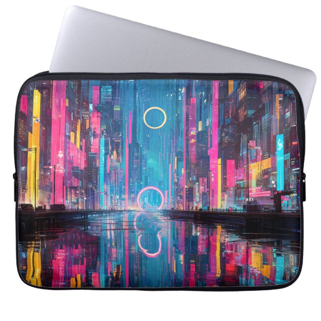 Futuristic Vibrant Neon Night Cityscape Laptop Fodral (Framsidan)