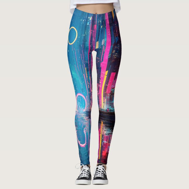 Futuristic Vibrant Neon Night Cityscape Leggings (Framsida)