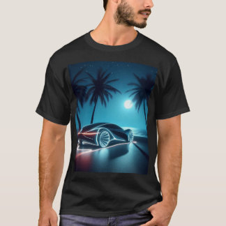 Futuristischer Sportwagen im Neonlicht vor Palmen  T Shirt