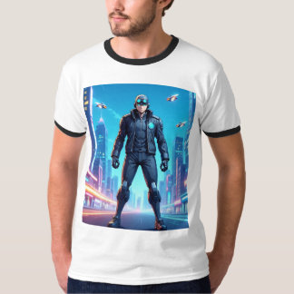 Futuristisk Anime Cyberpunk Hjälte Stående i Neon T Shirt