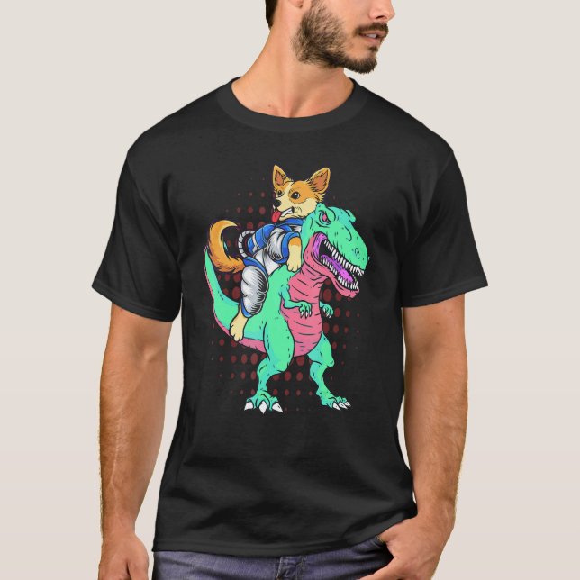 Futuristisk Corgi Ridande T Rex Intelligenta Hunda Shirt (Framsida)