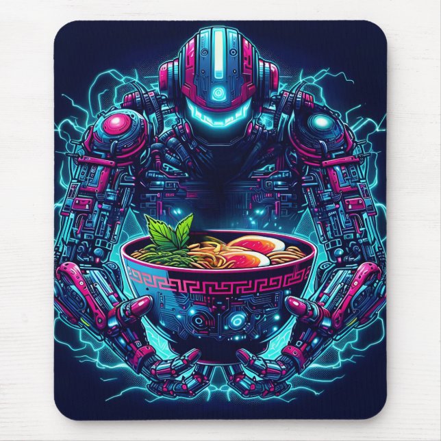 Futuristisk Cyberpunk Robot Neon Mat Ramen Musmatta (Framsidan)