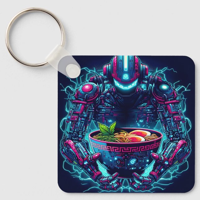 Futuristisk Cyberpunk Robot Neon Mat Ramen Nyckelring (Framsida)