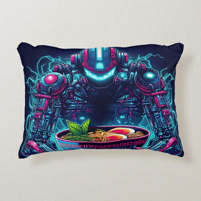 Futuristisk Cyberpunk Robot Neon Mat Ramen Prydnadskudde (Framsidan)