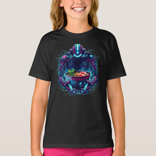 Futuristisk Cyberpunk Robot Neon Mat Ramen T Shirt (Framsida)