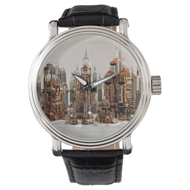 Futuristisk fantasistad Sci Fi Siluett Konst Armbandsur (Framsida)